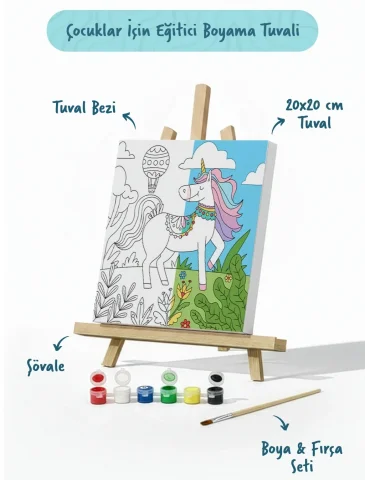 Unicorn & Doğa Temalı Çocuk Boyama Tuvali – Şövaleli Boya Seti 20x20