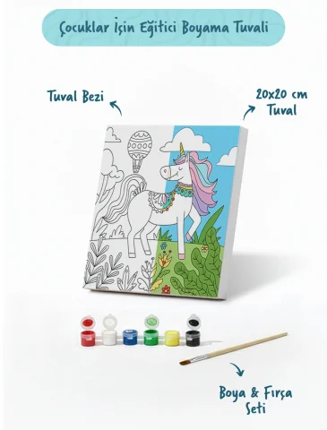 Unicorn & Doğa Temalı Çocuk Boyama Tuvali – Şövalesiz Boya Seti 20x20