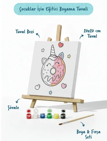Unicorn Donut Boyama Tuvali – Şövaleli Boya Seti 20x20