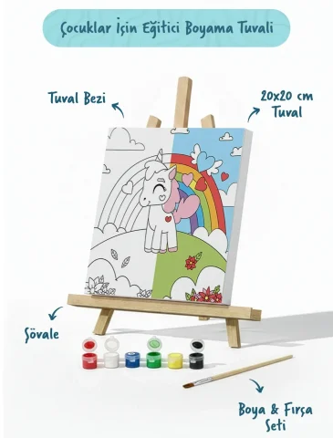 Unicorn Figürlü Çocuk Boyama Tuvali – Şövaleli Boya Seti 20x20
