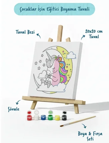 Unicorn Figürlü Çocuk Boyama Tuvali – Şövaleli Boya Seti 20x20