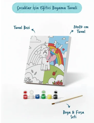 Unicorn Figürlü Çocuk Boyama Tuvali – Şövalesiz Boya Seti 20x20