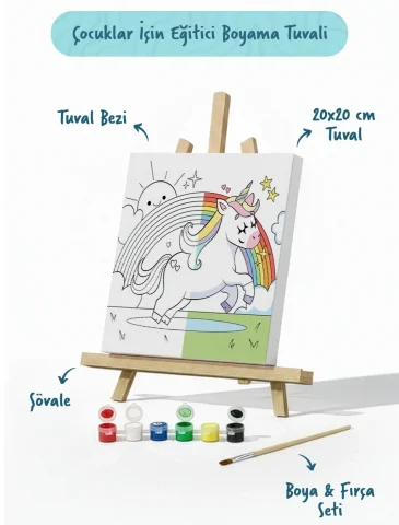 Unicorn & Gökkuşağı Figürlü Çocuk Boyama Tuvali – Şövaleli Boya Seti 20x20