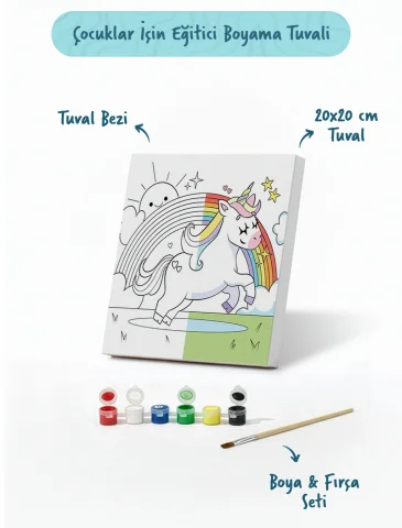 Unicorn & Gökkuşağı Figürlü Çocuk Boyama Tuvali – Şövalesiz Boya Seti 20x20