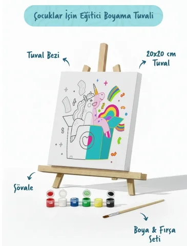 Unicorn Sürpriz Kutusu Çocuk Boyama Tuvali – Şövaleli Eğitici Boyama Seti 20x20 cm