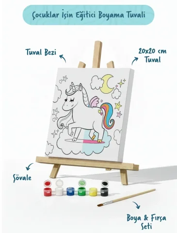 Unicorn Temalı Çocuk Boyama Tuvali Seti – Şövaleli Eğitici Boyama Seti 20x20 cm