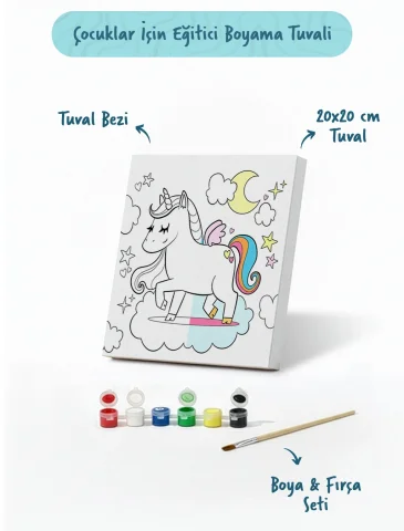 Unicorn Temalı Çocuk Boyama Tuvali Seti – Şövalesiz Eğitici Boyama Seti 20x20 cm