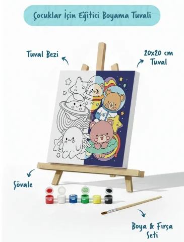 Uzay & Astronot Ayıcık Figürlü Çocuk Boyama Tuvali – Şövaleli Boya Seti 20x20
