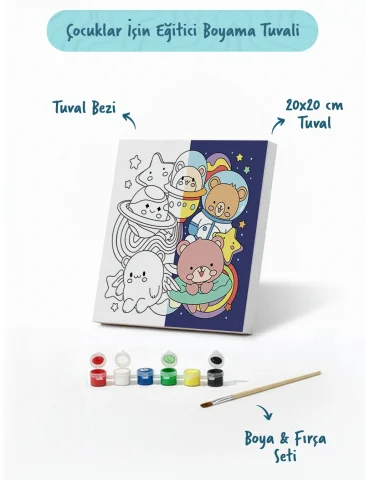 Uzay & Astronot Ayıcık Figürlü Çocuk Boyama Tuvali – Şövalesiz Boya Seti 20x20