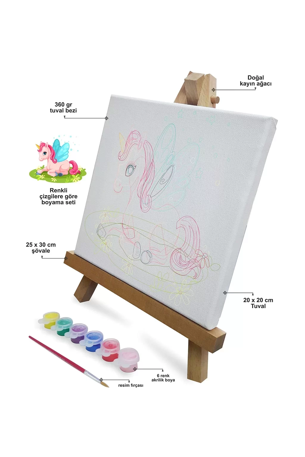 Renklerle Çocuk Boyama Hobi Setleri 20 x 20 cm Tuvale Şasesine Gerili Pembe Unicorn