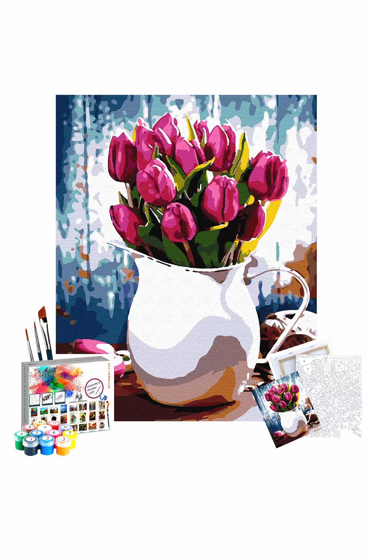 Sayılarla Boyama Seti 40 x 50 cm Tuval Şasesine Gerili Beyaz Vazodaki Kırmızı Laleler