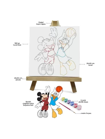Renklerle Çocuk Boyama Hobi Setleri 20 x 20 cm Tuvale Şasesine Gerili Mickey Mouse ve Donald Duck