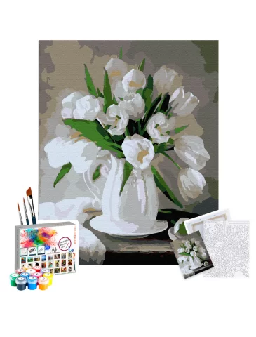 Sayılarla Boyama Seti 40 x 50 cm Tuval Şasesine Gerili Beyaz Çiçekler