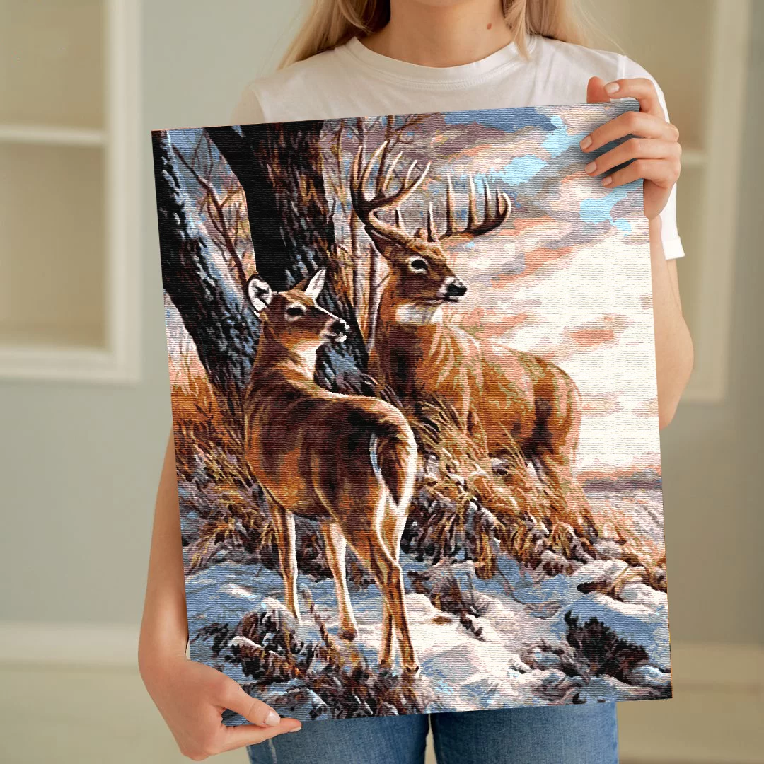 Sayılarla Boyama Seti 40 x 50 cm Tuval Şasesine Gerili Geyik Ve Ceylan