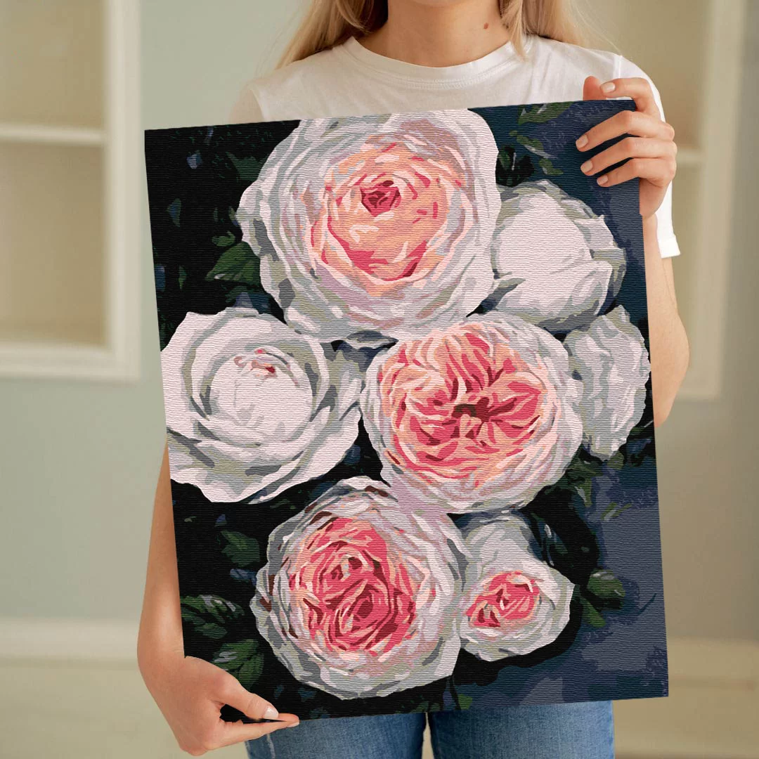Sayılarla Boyama Seti 40 x 50 cm Tuval Şasesine Gerili Beyaz Güller