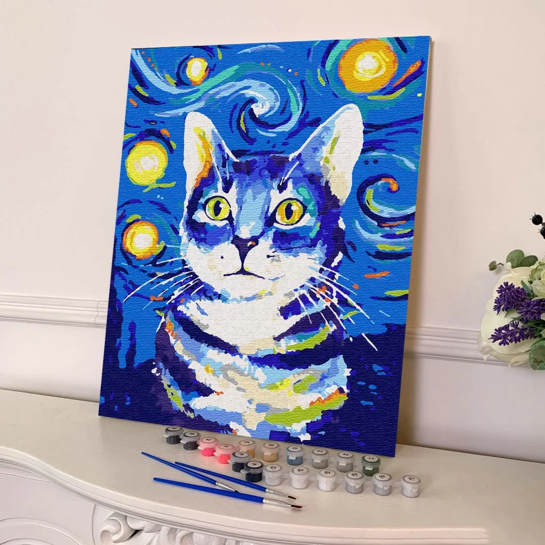 Sayılarla Boyama Seti 40 x 50 cm Tuval Şasesine Gerili Yıldızlı Kedi