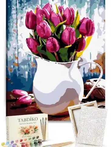 Sayılarla Boyama Seti 40 x 50 cm Tuval Şasesine Gerili Beyaz Vazodaki Kırmızı Laleler