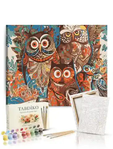 Sayılarla Boyama Seti 40 x 50 cm Tuval Şasesine Gerili Baykuşlar
