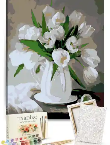 Sayılarla Boyama Seti 40 x 50 cm Tuval Şasesine Gerili Beyaz Çiçekler