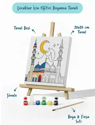 Hilal ve Mavi Kubbeli Cami Şövaleli Boya Seti 20x20