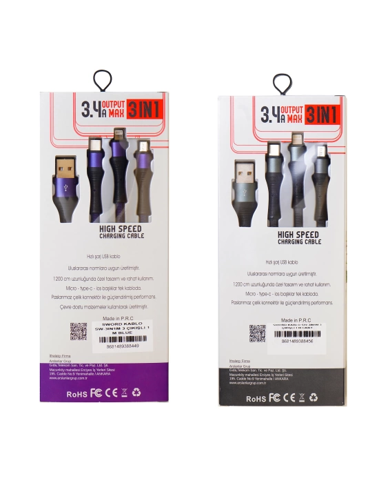 SWORD KABLO SW-3IN1M 3 ÇIKIŞLI 1 M GRAY