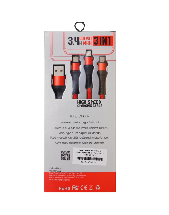 SWORD KABLO SW-3IN1M 3 ÇIKIŞLI 1M RED