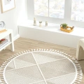 Bej Krem Dokuma Yuvarlak Halı Yolluk Antre Oturma Odası Salon Mutfak Çocuk Odası Halısı YUVARLAK