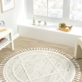 Krem Gri Yuvarlak Halı Püsküllü Dokuma Halı Yolluk Antre Oturma Odası Salon Mutfak Halısı YUVARLAK