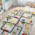 Hayvan Trafik Araba Yolu Figürlü Dokuma Halı Yıkanabilir Çocuk Halısı Anaokul Kreş Oyun Halısı GRİ