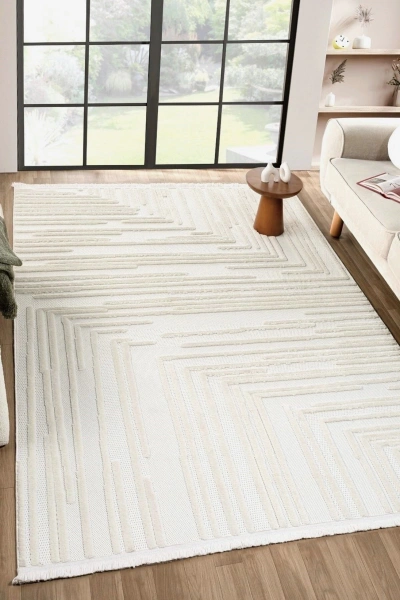 Krem Yumuşak Dokulu Halı Kilim Yıkanabilir Salon Mutfak Koridor Yolluk Dokuma Makine Halısı AYAZ 06