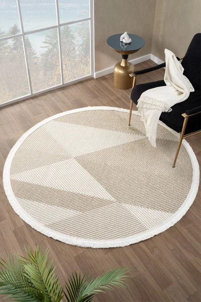 Krem Bej Vizon Yumuşak Yuvarlak Halı Salon Mutfak Koridor Yolluk Dokuma Makine Halısı 002 DAİRE