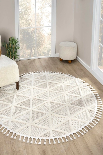 Beyaz Bej Yumuşak Yuvarlak Yıkanabilir Dokuma Halı Çocuk Odası Oturma Odası Salon Halısı YUVARLAK