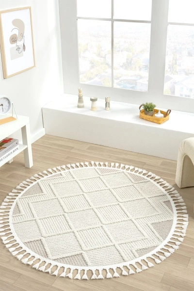 Krem Bej Yuvarlak Saçaklı Dokuma Halı Yolluk Antre Oturma Odası Salon Mutfak Halısı YUVARLAK