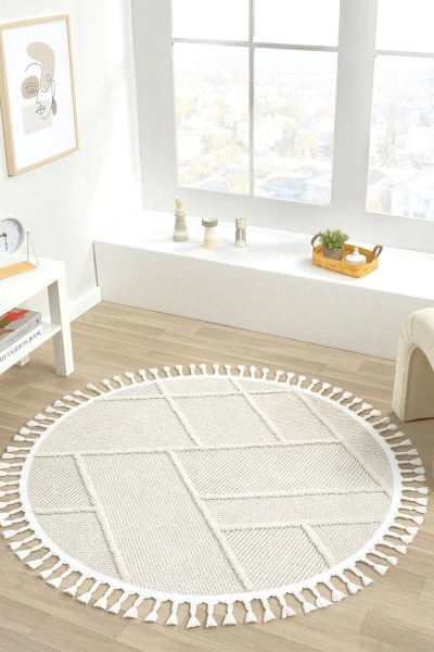 Yıkanabilir Saçaklı Yuvarlak Dokuma Halı Yolluk Antre Oturma Odası Salon Mutfak Halısı YUVARLAK