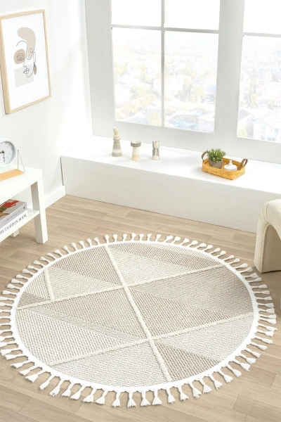 Bej Krem Dokuma Yuvarlak Halı Yolluk Antre Oturma Odası Salon Mutfak Çocuk Odası Halısı YUVARLAK