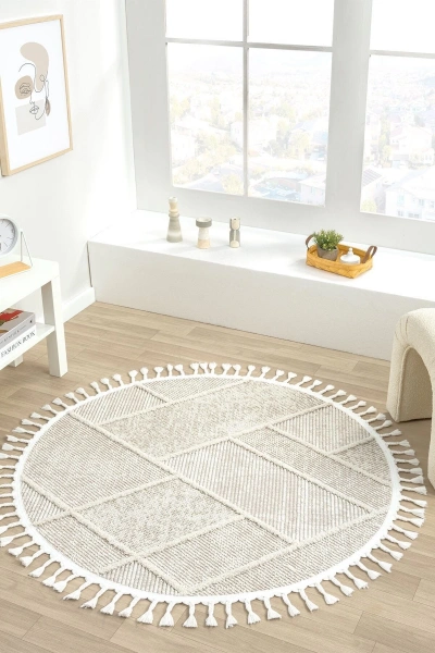 Krem Bej Yuvarlak Dokuma Halı Yolluk Antre Oturma Odası Salon Mutfak Halısı YUVARLAK