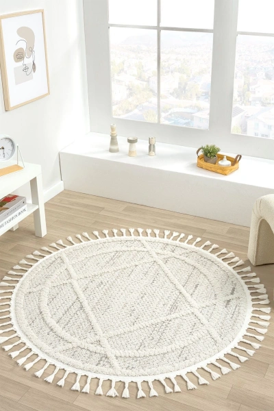 Krem Gri Yuvarlak Halı Püsküllü Dokuma Halı Yolluk Antre Oturma Odası Salon Mutfak Halısı YUVARLAK