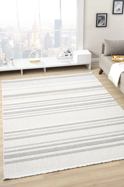 Krem Gri Yumuşak Dokulu Halı Kilim Salon Mutfak Koridor Yolluk Dokuma Makine Halısı 0016