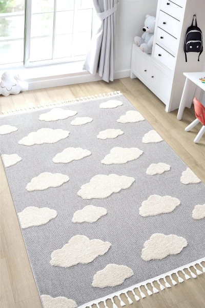 Bulut Desenli Gri Renk Dokuma Halı Bebek Odası Çocuk Odası Halısı 2