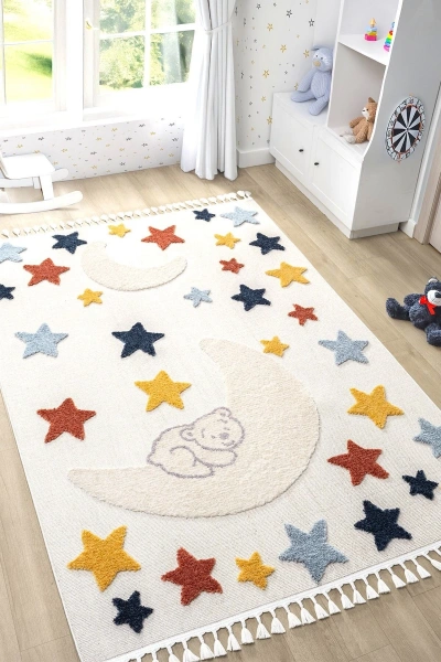 Yumuşak Renkli Bukleli Yıldızlı Dokuma Halı Bebek Odası Çocuk Odası Genç Odası Halısı 5