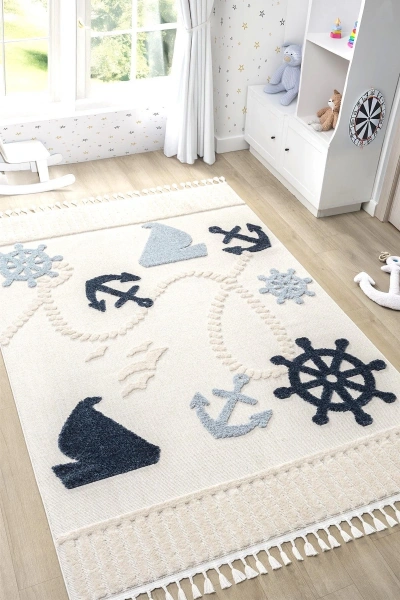 Yumuşak Renkli Bukleli Denizcilik Figürlü Dokuma Halı Bebek Odası Çocuk Odası Genç Odası Halısı 3