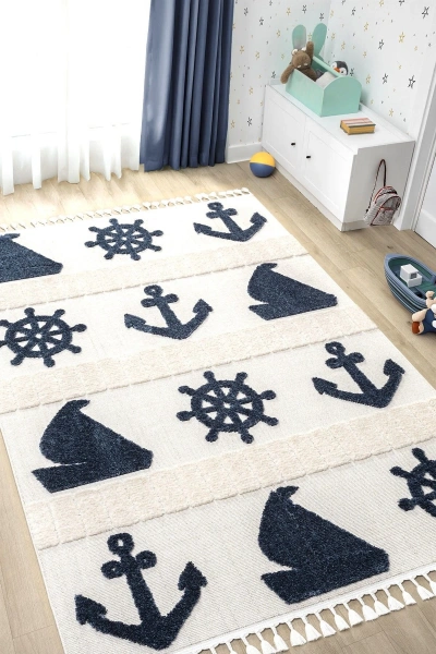 Yumuşak Renkli Bukleli Denizcilik Figürlü Dokuma Halı Bebek Odası Çocuk Odası Genç Odası Halısı 4