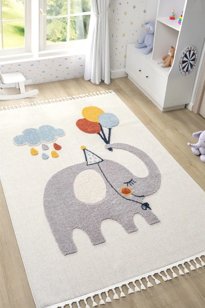 Yumuşak Renkli Bukleli Fil Balon Figürlü Dokuma Halı Bebek Odası Çocuk Odası Genç Odası Halısı 6