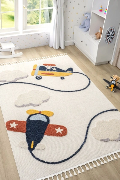 Yumuşak Renkli Bukleli Uçak Figürlü Dokuma Halı Bebek Odası Çocuk Odası Genç Odası Halısı 7