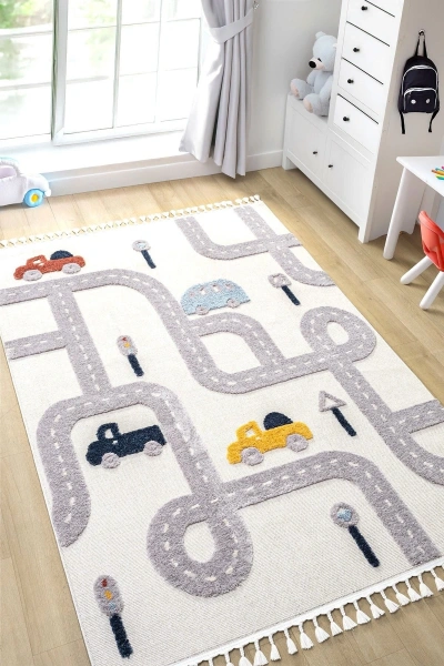 Yumuşak Renkli Bukleli Araba Yolu Dokuma Halı Bebek Odası Çocuk Odası Genç Odası Halısı 8