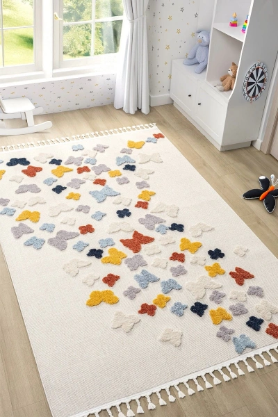 Yumuşak Renkli Bukleli Kelebek Figürlü Dokuma Halı Bebek Odası Çocuk Odası Genç Odası Halısı 11