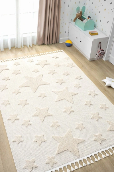 Krem Renk Yıldızlı Yumuşak Bukleli Dokuma Halı Bebek Odası Çocuk Odası Genç Odası Halısı 12