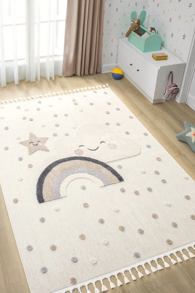 Yumuşak Bukleli Gökkuşağı Ponpon Figürlü Dokuma Halı Bebek Odası Çocuk Odası Genç Odası Halısı 20
