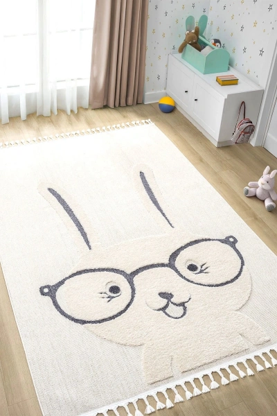 Krem Yumuşak Bukleli Tavşan Figürlü Dokuma Halı Bebek Odası Çocuk Odası Genç Odası Halısı 19