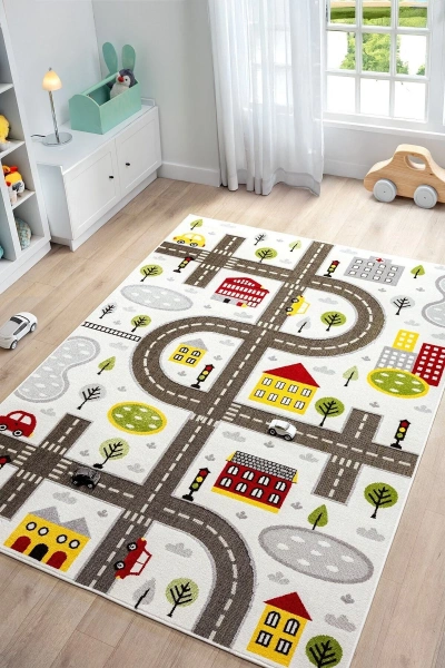 Trafik Arabalı Dokuma Halı Yıkanabilir Çocuk Halısı Anaokul Kreş Oyun Halısı BEYAZ